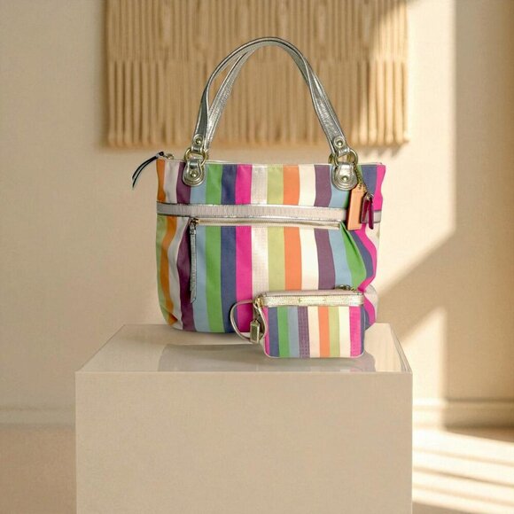 COACH 19021 Poppy Legacy Stripe Sequins  Tote & Wristlet - Picture 1 of 9